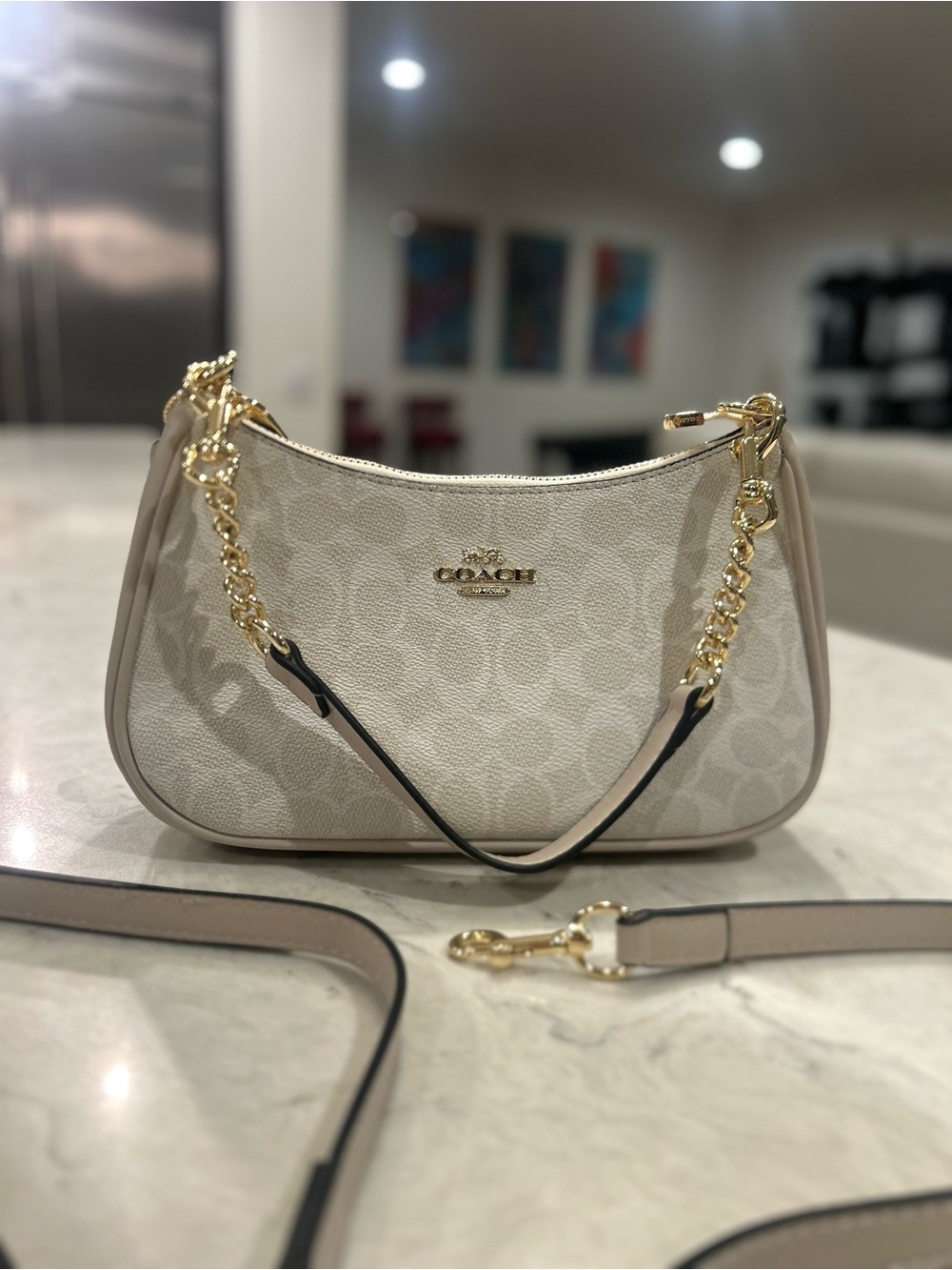 Coach Cream Signature Canvas Shoulder Bag with Gold Chain Detail